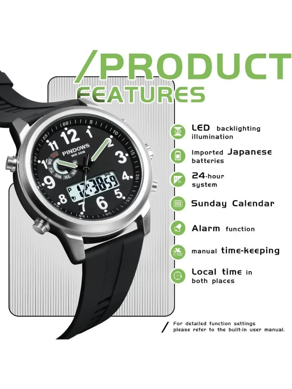 Men's Black Silver Analog Waterproof Military Multifunctional LED Digital Watch